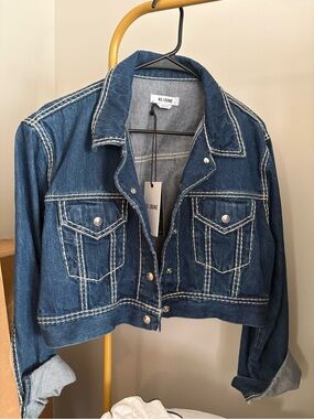 Re/Done Vintage-Inspired Denim Jacket in Medium Blue with White Stitching